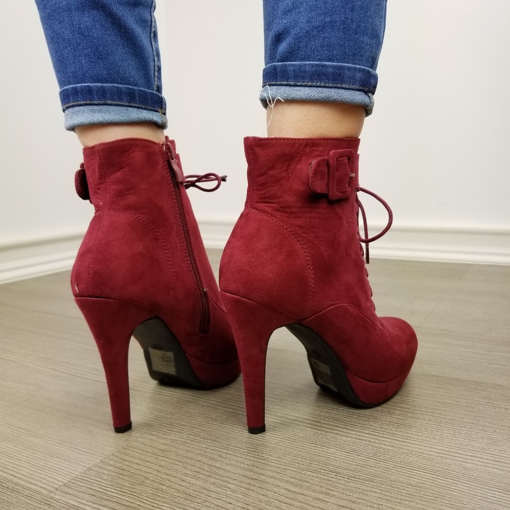 Faux Suede Heel Lace-Up Ankle Booties - Picture 5 of 8